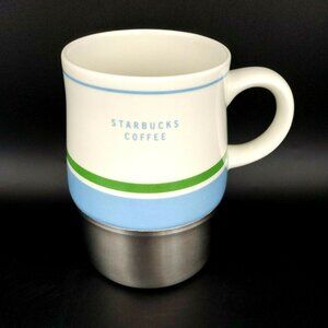 Starbucks 2005 Ceramic Mug with Stripes Weighted Stainless Steel Bottom